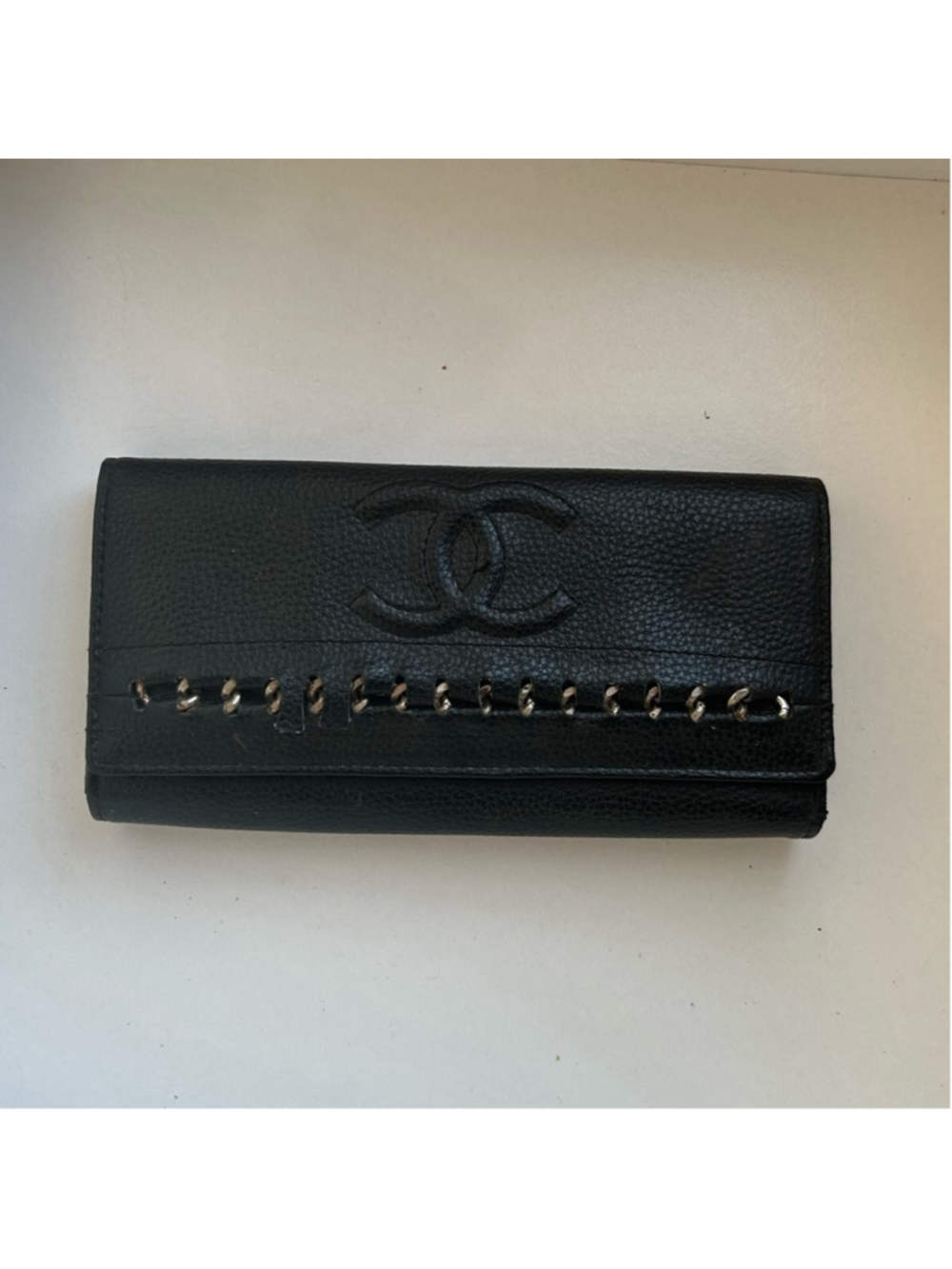 Vintage Chanel CC Logo Black Caviar Leather Wallet Designer Authentic Trifold - Picture 4 of 13